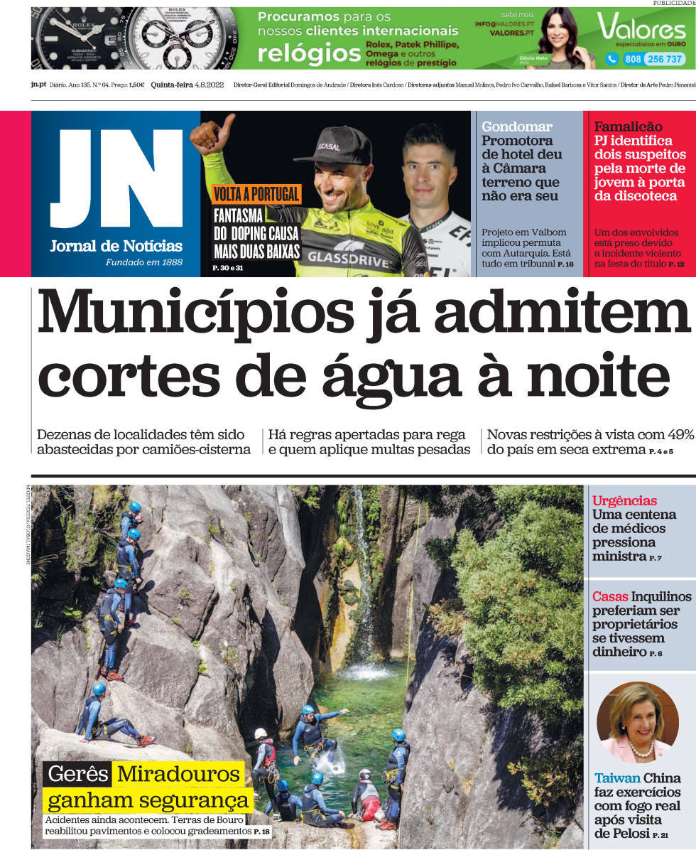 Capa Jornal de Notícias 4 agosto 2022 capasjornais pt
