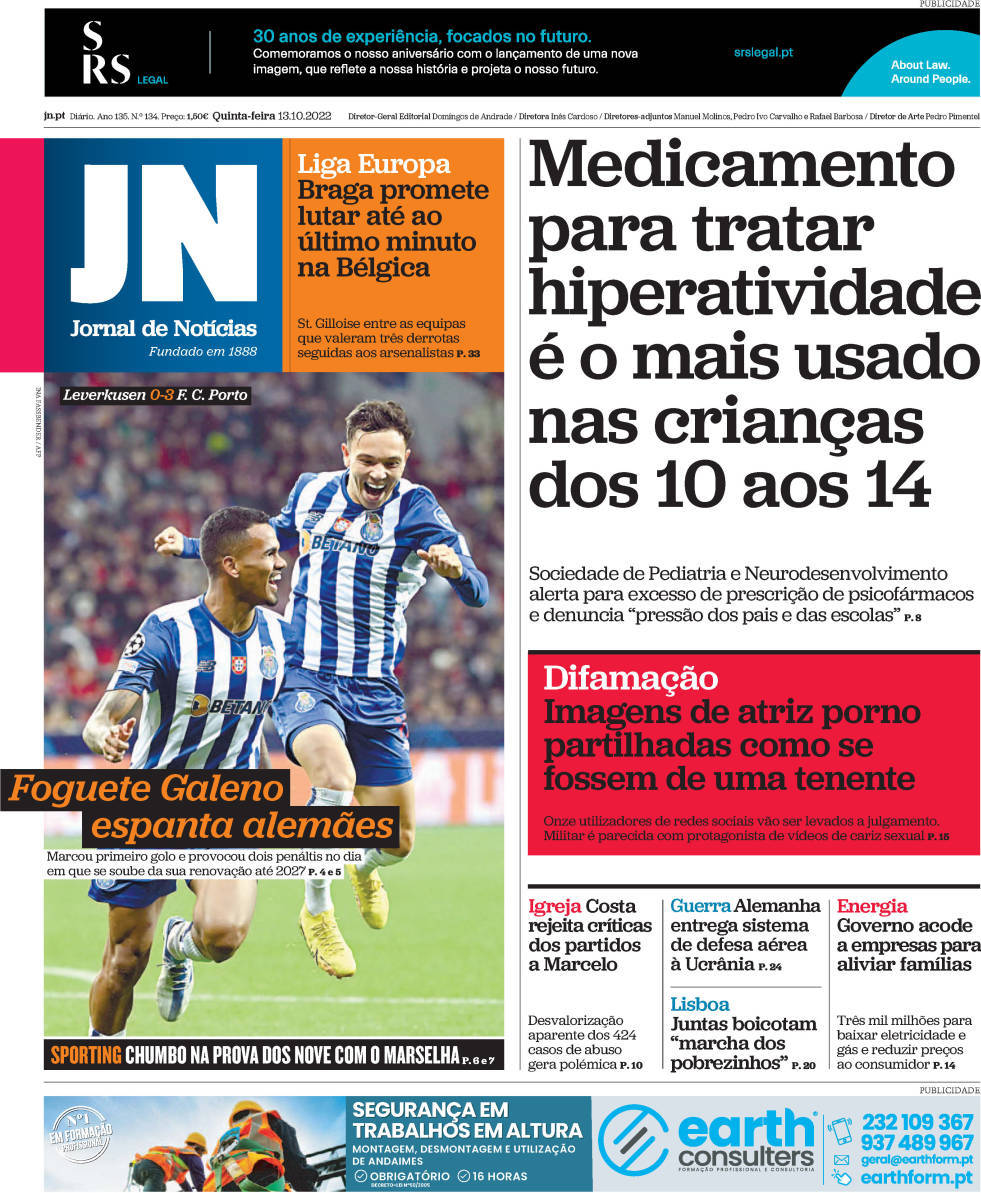 Capa Jornal de Notícias 13 outubro 2022 capasjornais pt