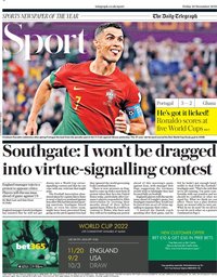 capa Jornal Telegraph Sport de 25 novembro 2022