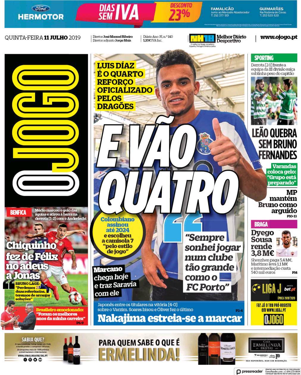 Capa Jornal O Jogo - 11 julho 2019 - capasjornais.pt