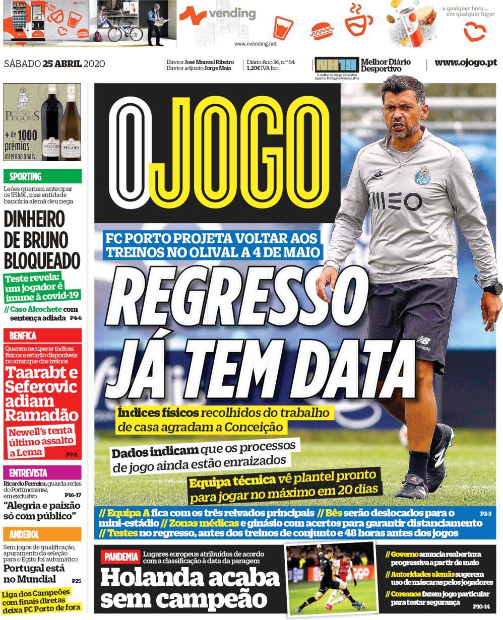 Capa Jornal O Jogo - 25 abril 2020 - capasjornais.pt