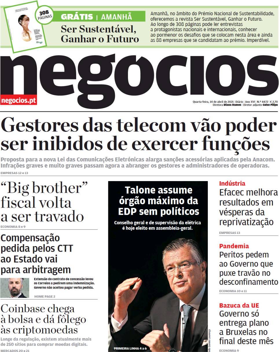 Capa Jornal De Negócios 14 Abril 2021 Capasjornais Pt