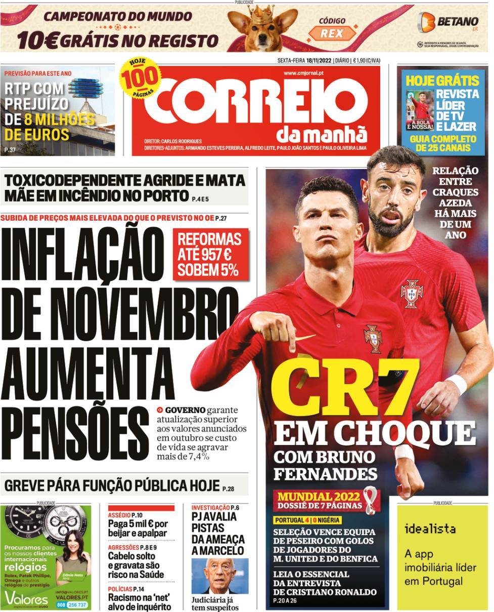 Capa Correio Da Manhã 18 Novembro 2022 Capasjornaispt 