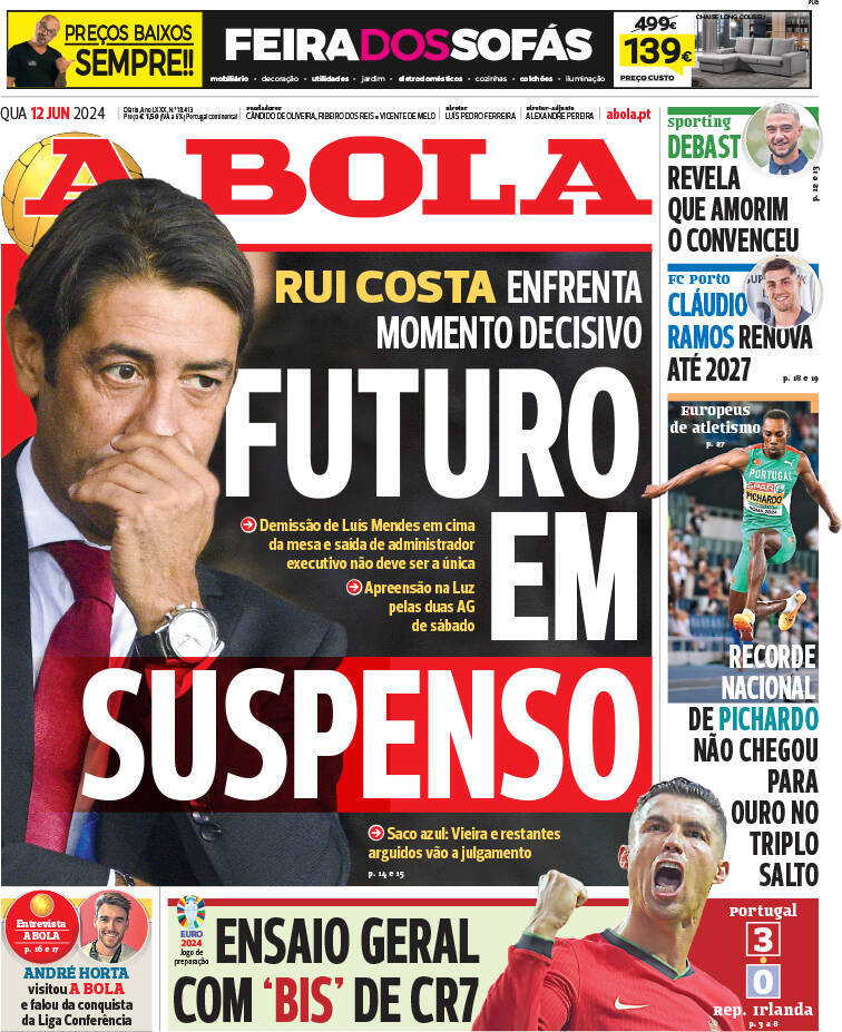 Capa Jornal A Bola - 12 junho 2024 - capasjornais.pt