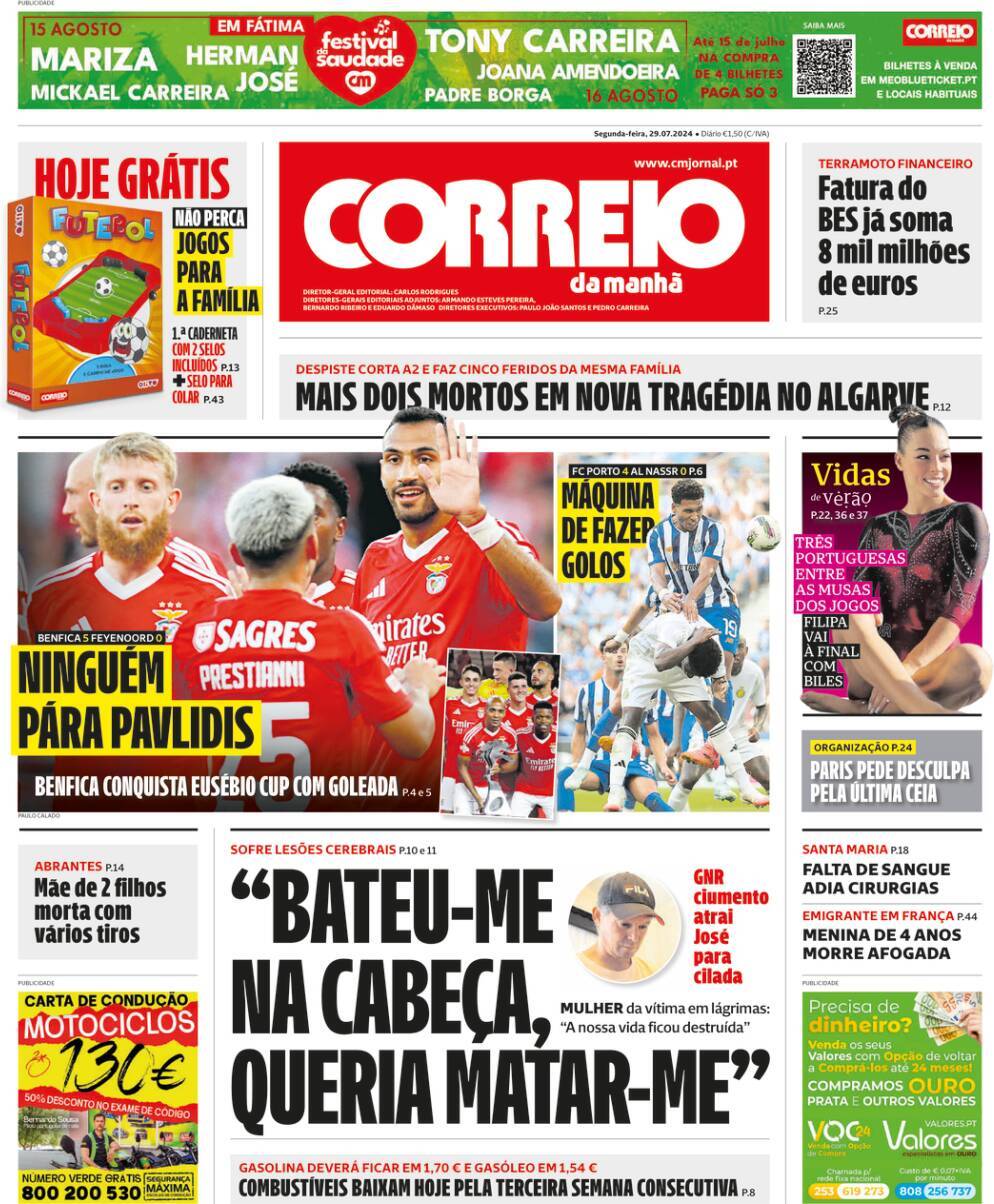 Capa Correio da Manhã - 29 julho 2024 - capasjornais.pt