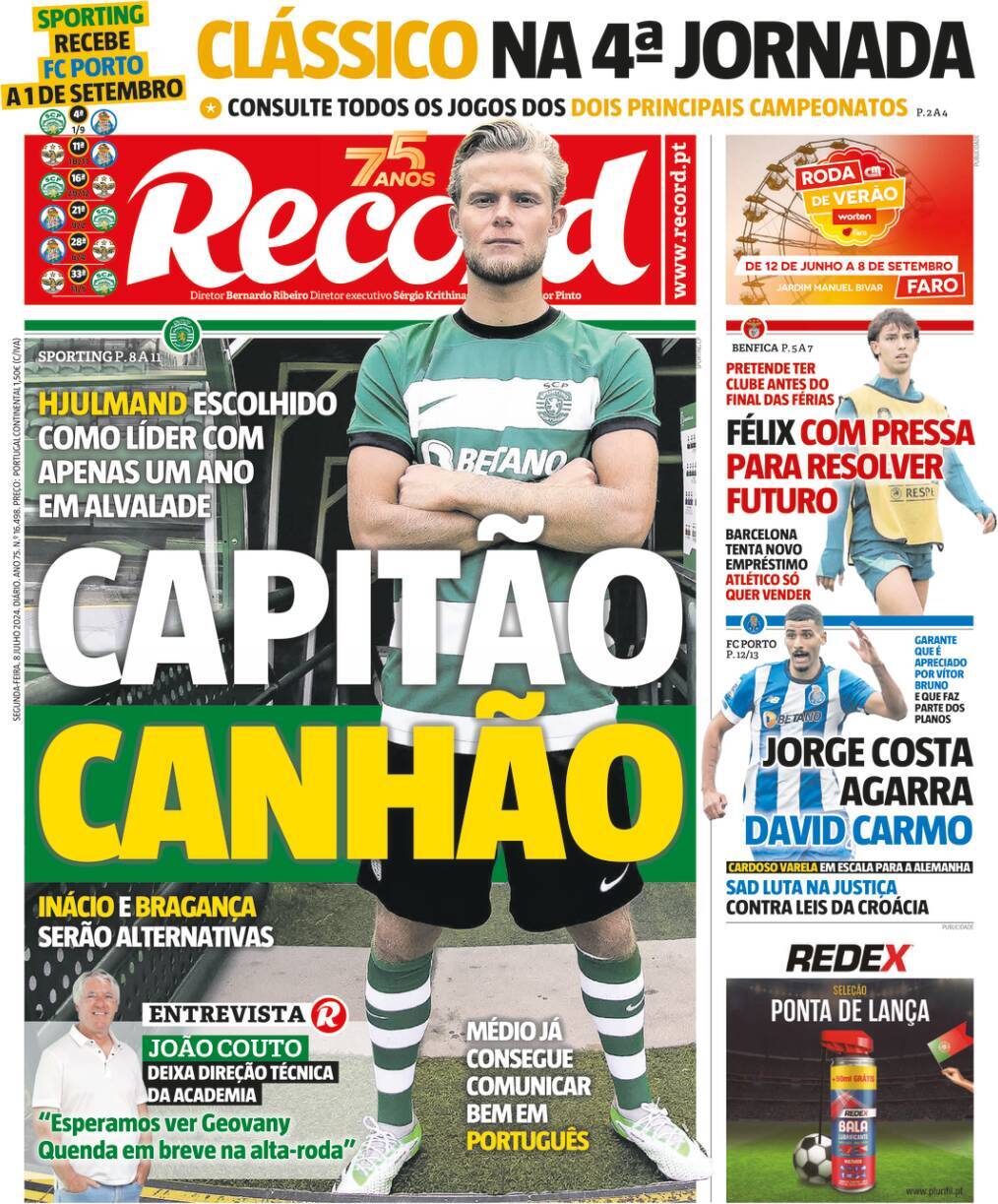 Capa Jornal Record - 8 julho 2024 - capasjornais.pt